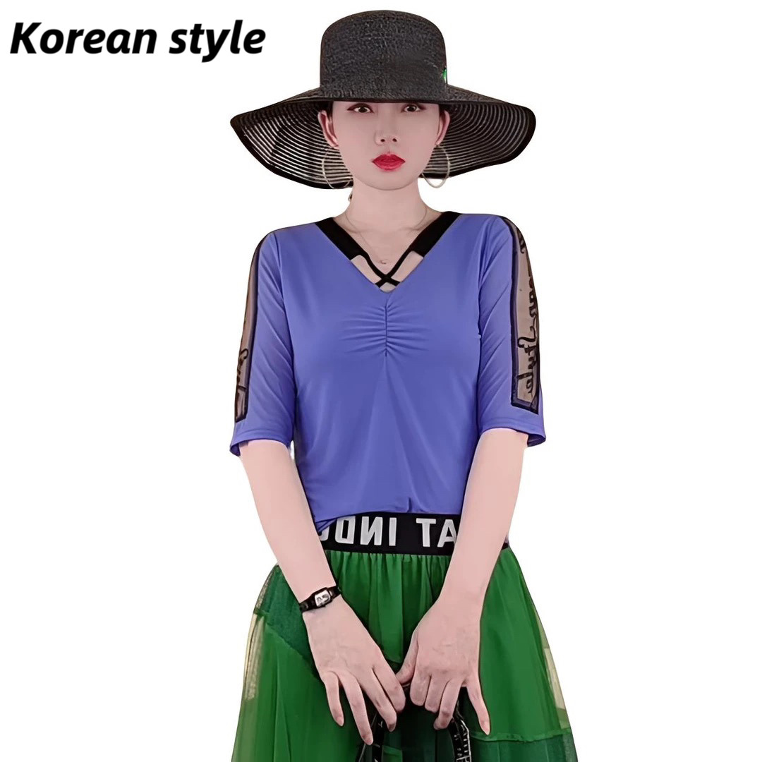 【正品断码清货】2804B字母中袖舒适V领常规T恤夏季瘦洋气百搭小衫