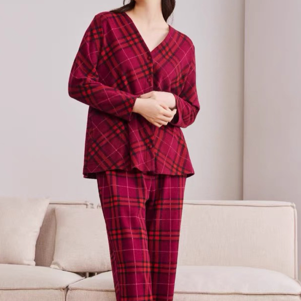 宽画秋冬经典格纹长袖对开家居服女士服装保暖套装睡衣格子秋季