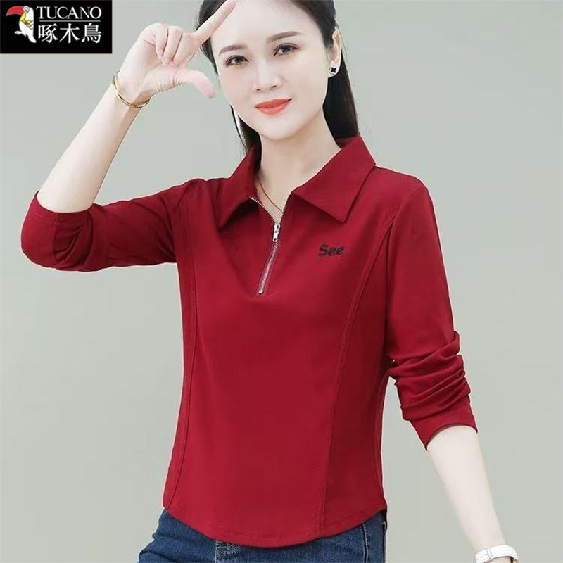 啄木鸟纯色长袖半拉链翻领t恤2025年新款秋季时尚百搭刺绣上衣女