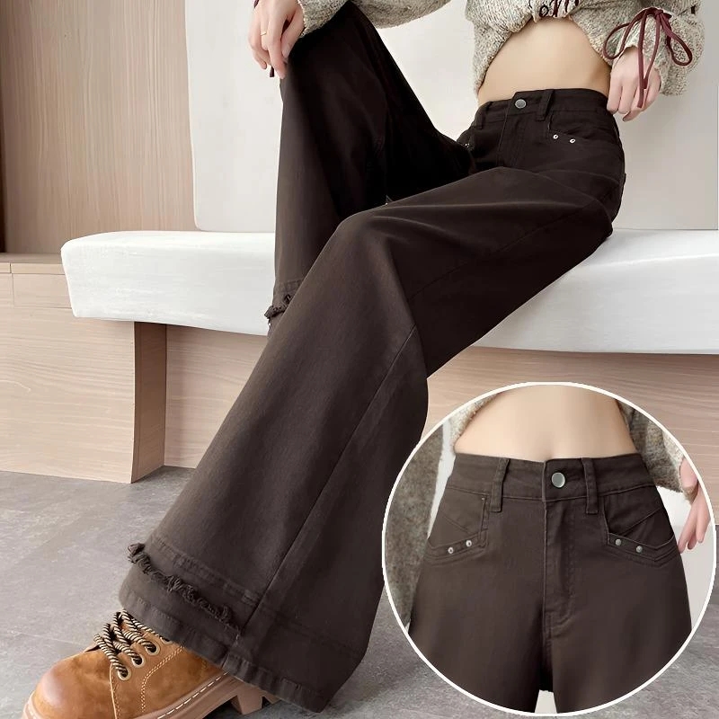 咖啡色微喇牛仔裤女2025年新款弹力修身老钱风毛边拼接阔腿喇叭裤