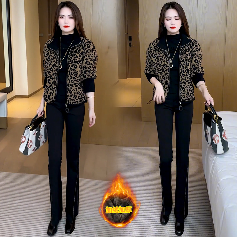 时尚加绒加厚休闲豹纹短款外套女2025秋冬新款设计感港风显瘦上衣