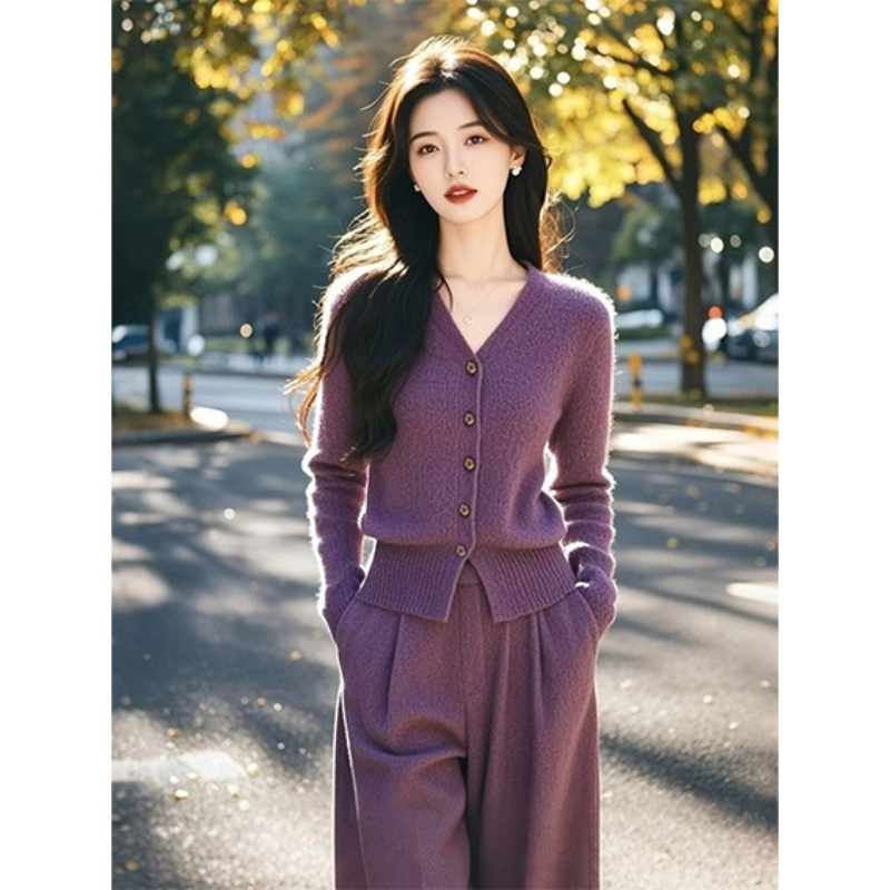 休闲紫色针织2025年新款女装秋季高级感显瘦高腰洋气气质小香风