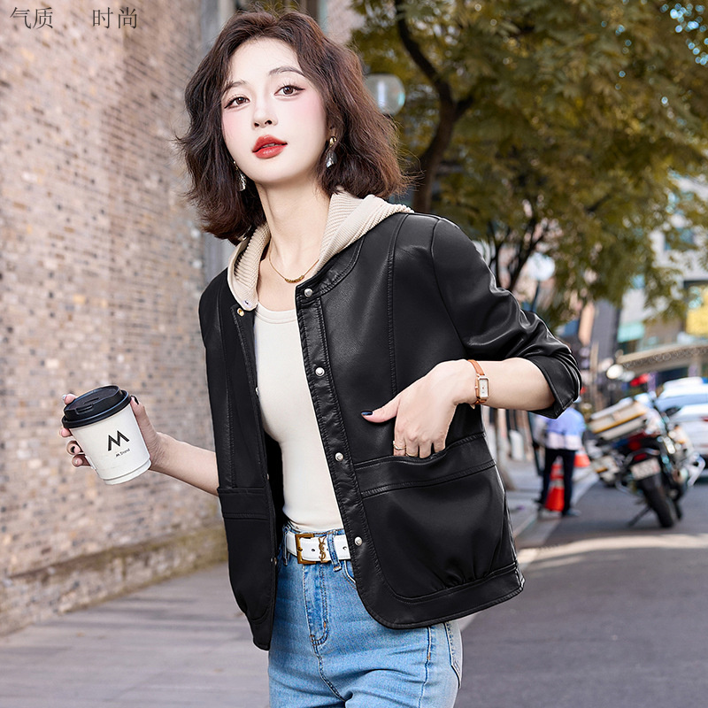 韩版新款女春秋咖色短款显瘦宽松机车风格休闲皮夹克外套百搭秋季
