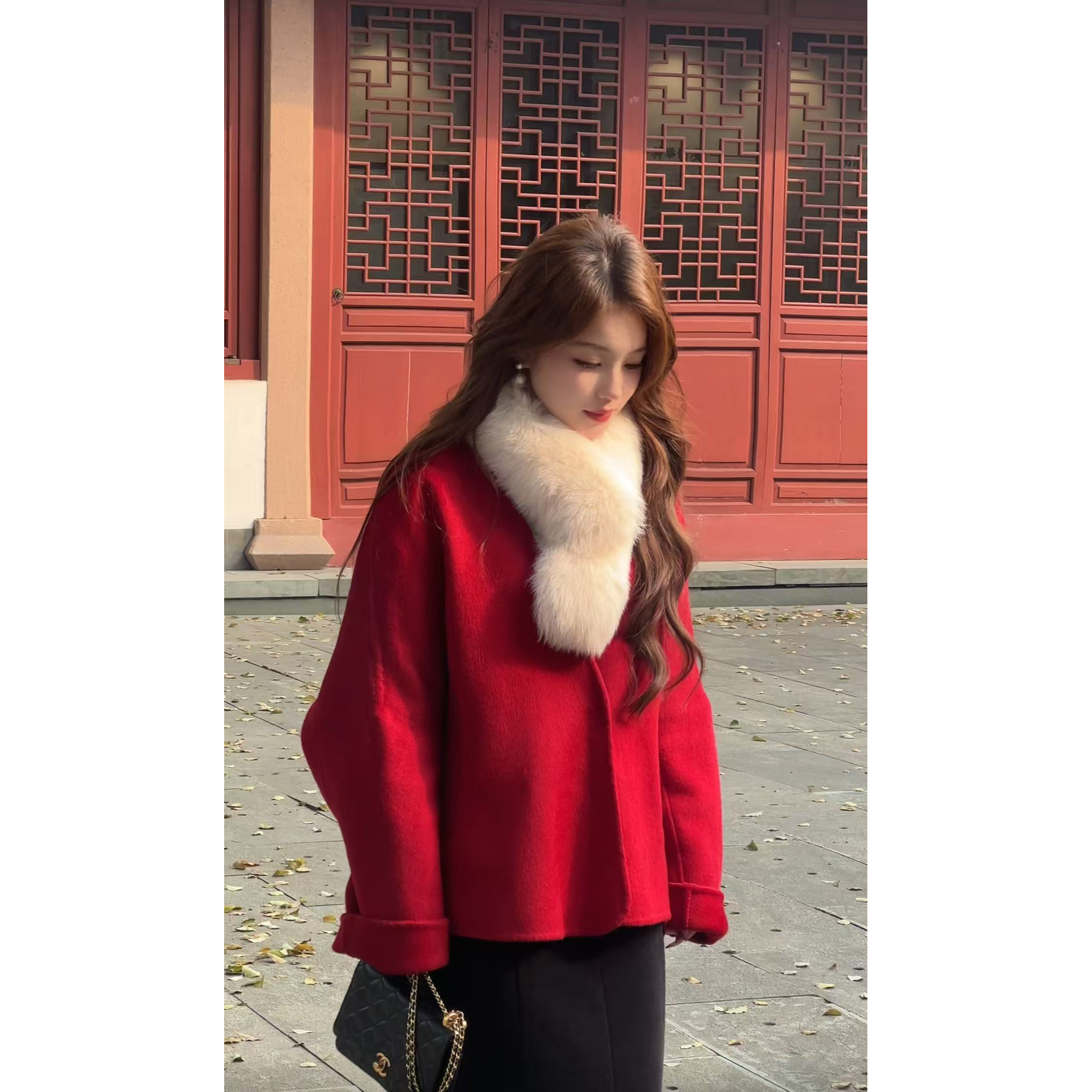 “梧叶枫声”25冬新款狐狸毛高级感双面羊毛大衣小个子毛呢短款外套