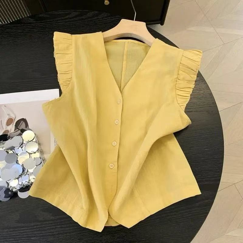 夏季2025新款法式小众甜美风洋气v领设计感小飞袖衬衫上衣女