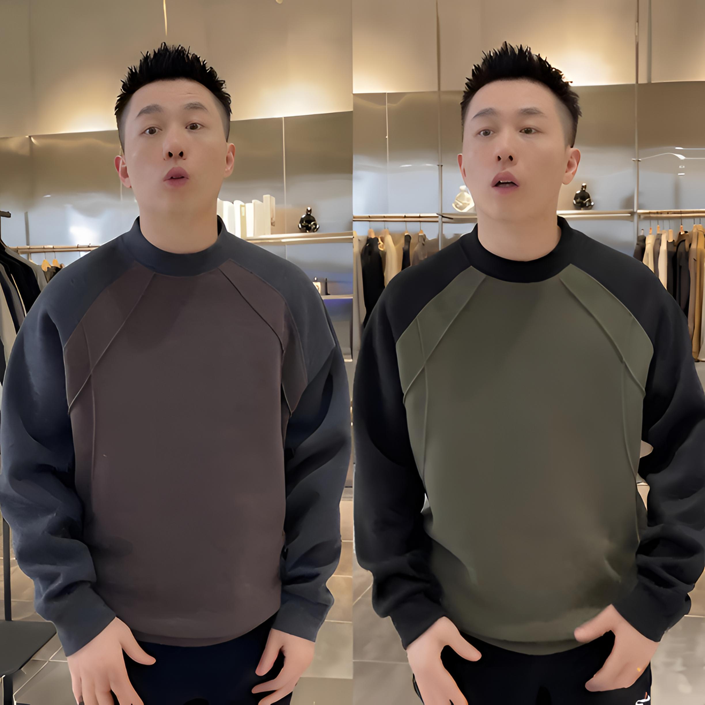 冬季桑蚕丝绵羊毛撞色圆领卫衣男时尚简约磨毛加厚保暖休闲打底衫