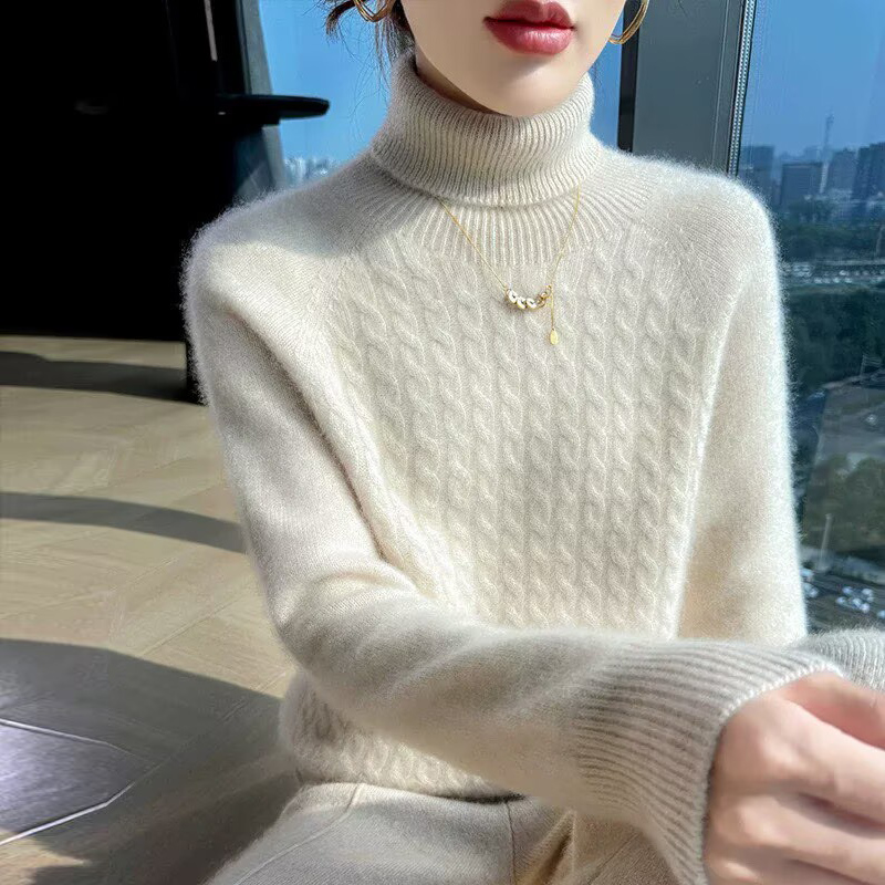 2025新款100%羊绒衫女秋冬季厚款高领打底衫两翻堆堆领针织毛衣