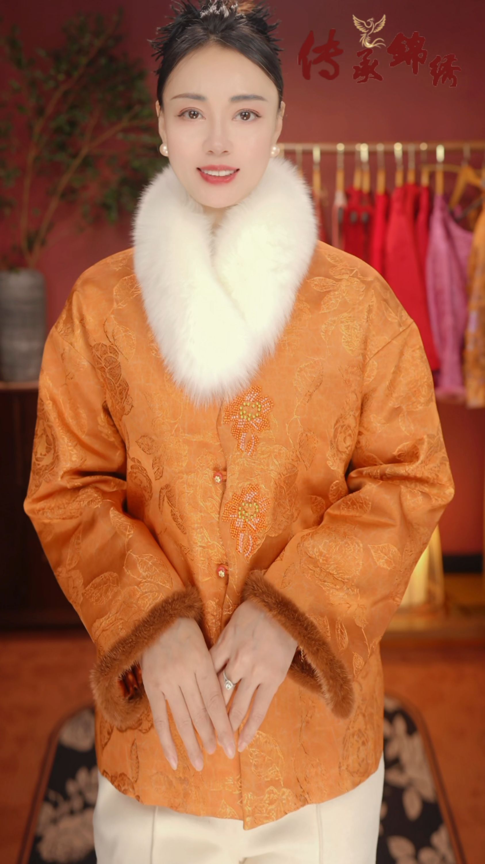 梧桐宝贝《国色天香》新款真丝牡丹暗纹提花时尚贵气百搭保暖外套