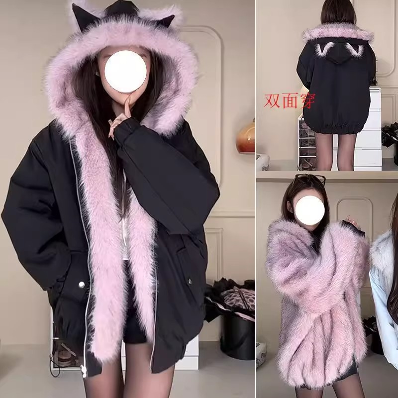 大码女装毛绒连帽双面穿设计感棉服女胖mm冬季保暖加厚棉袄外套潮