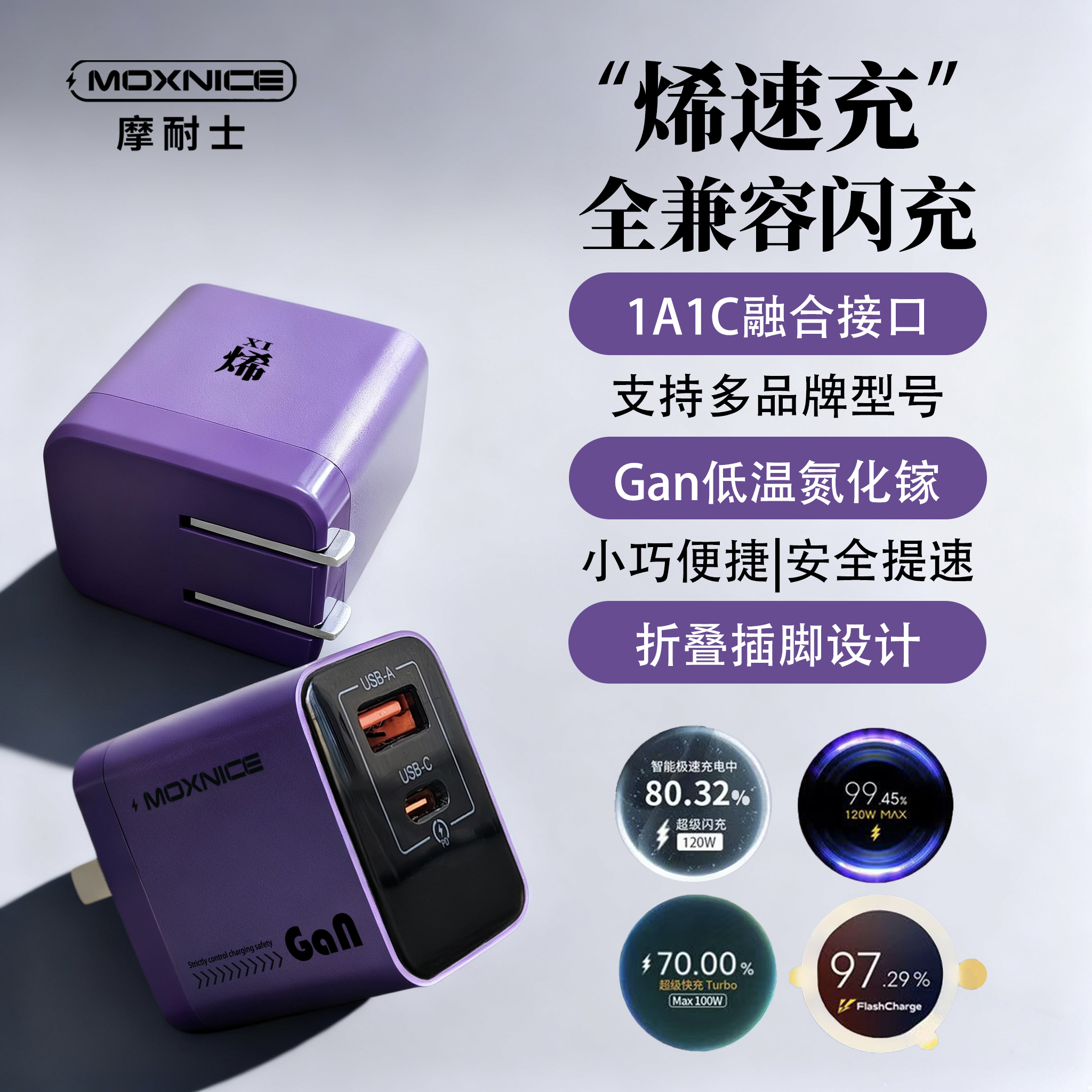 摩耐士烯速充全兼容双口电镓闪充充电器适用于苹果安卓华为Type-C