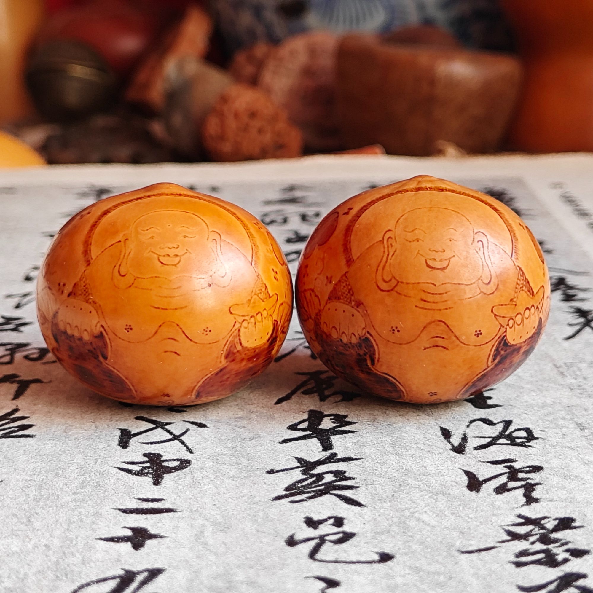 名家烙画葫芦盘玩手把件一对 直径38尺寸 名家手绘烙画葫芦