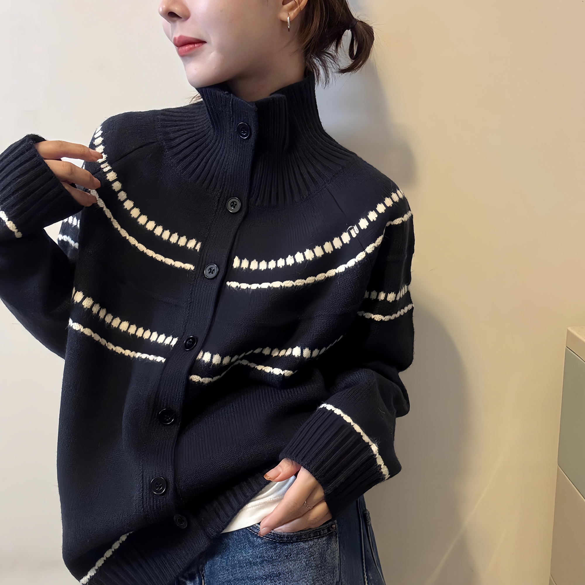 气质费尔岛提花高领针织开衫外套慵懒风宽松软糯毛衣女秋冬季新款