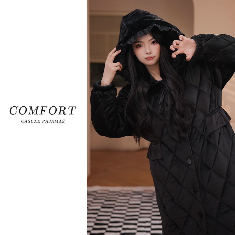 加绒加厚保暖2025年冬季睡衣女三层夹棉睡袍女珊瑚绒家居服套装