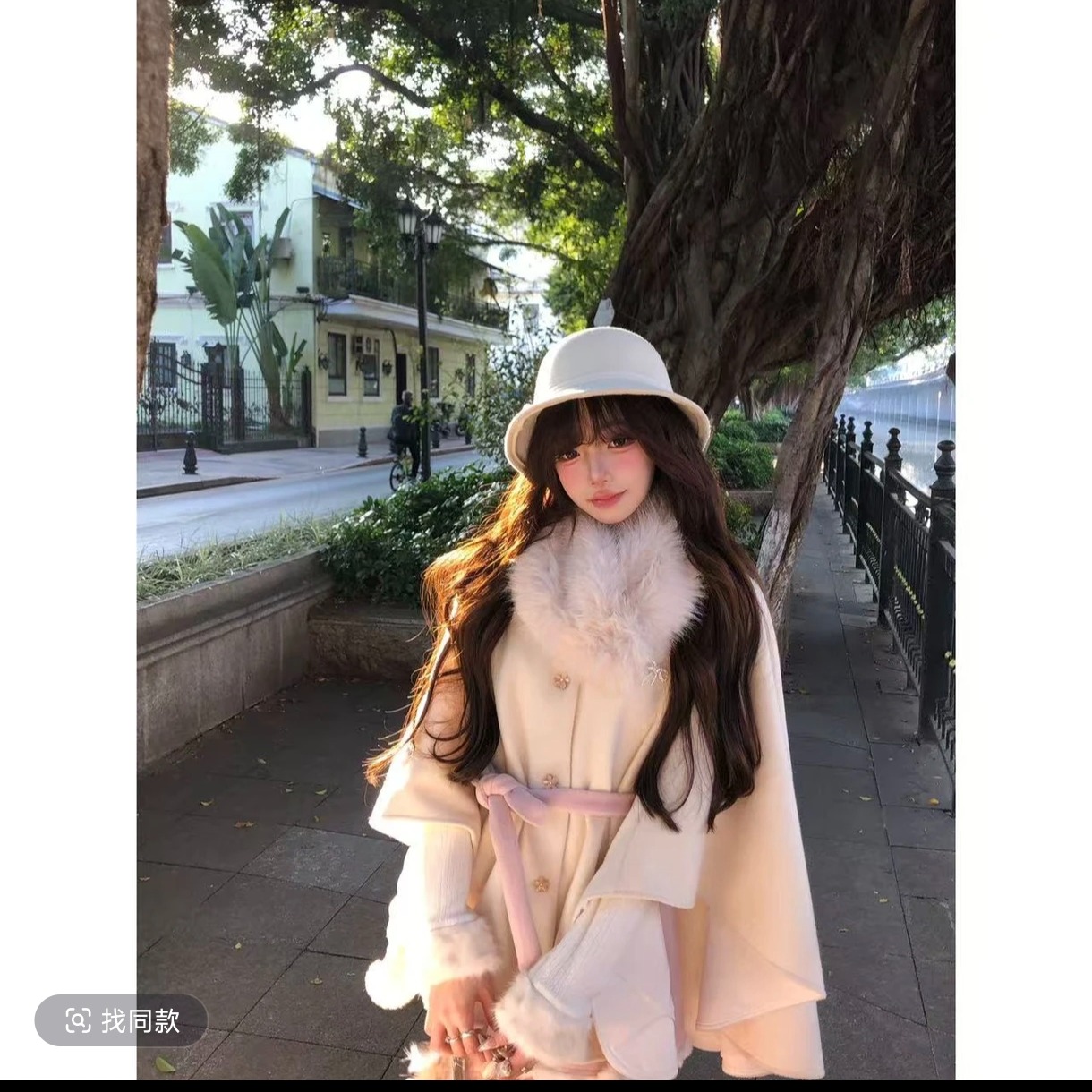 留洋大小姐冬季甜美显瘦设计感民国风斗篷毛领大衣+半身裙套装女