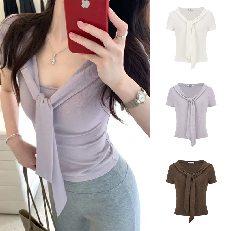 Moses Queen/魔西女王设计感小众系带短袖T恤女修身显瘦披肩上衣