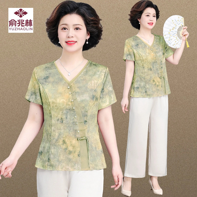 新中式妈妈夏装薄款套装洋气上衣裤子两件套中老年女春夏V领衬衫