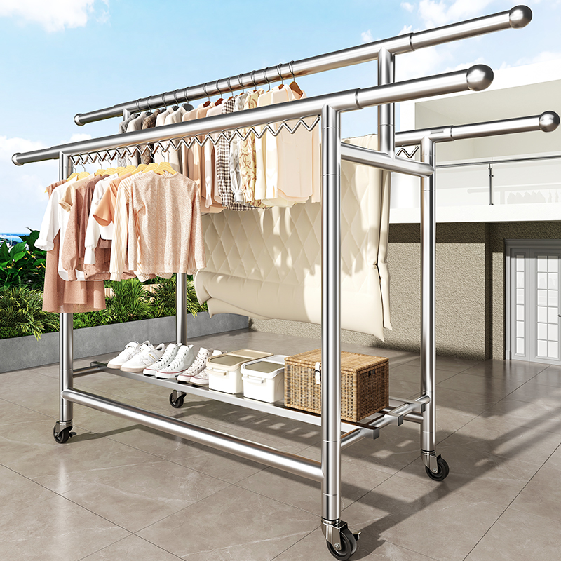 【锦绣百年】不锈钢落地晾衣帽架阳台折叠移动伸缩杆晒被神器衣架