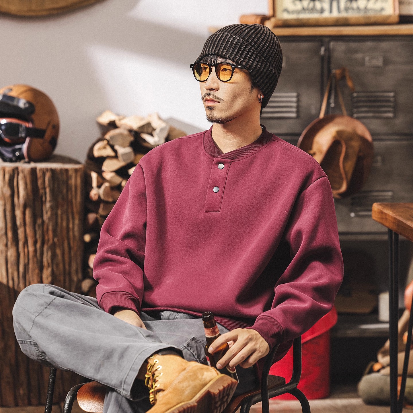 美式复古重磅亨利领卫衣男士秋冬2025新款宽松百搭大码休闲polo衫