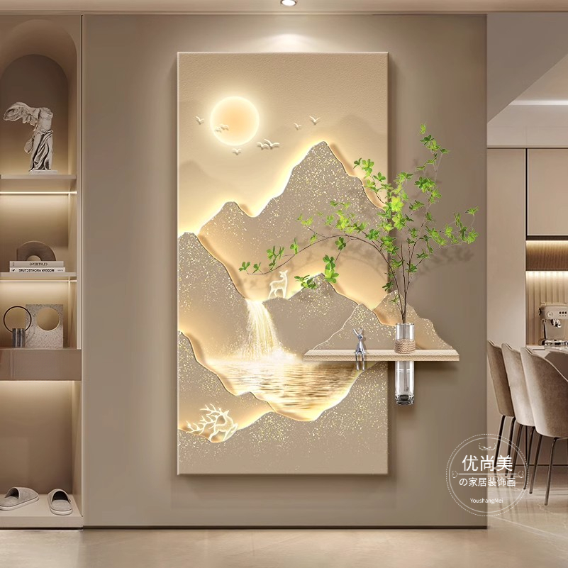 轻奢入户玄关装饰画日照金山走廊过道挂画新中式高级感正对门壁画