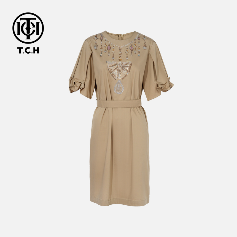 TCH现货私服烫钻新时尚淑女百搭新潮流连衣裙T75B30E5240轻奢tch