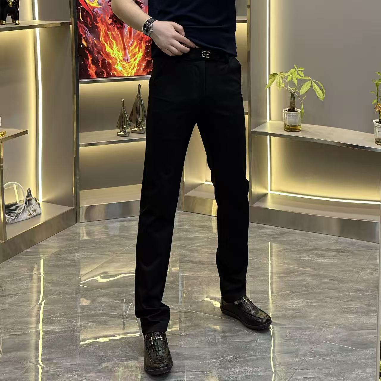 男士休闲裤轻奢时尚百搭修身秋冬商务弹力黑灰长裤