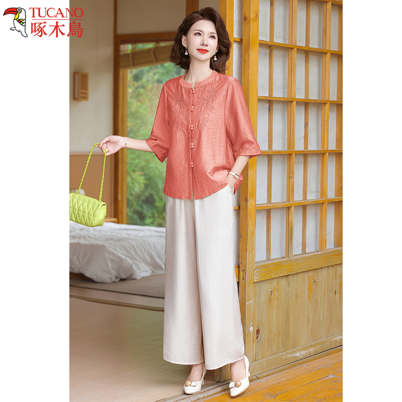 啄木鸟高贵妈妈时尚夏装新中式套装绣花上衣新款中老年女薄两件套