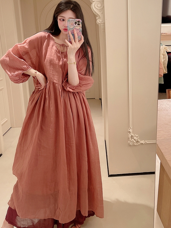 文艺泡泡袖显瘦韩系温柔风不规则V领系带纯色宽松大码女装连衣裙
