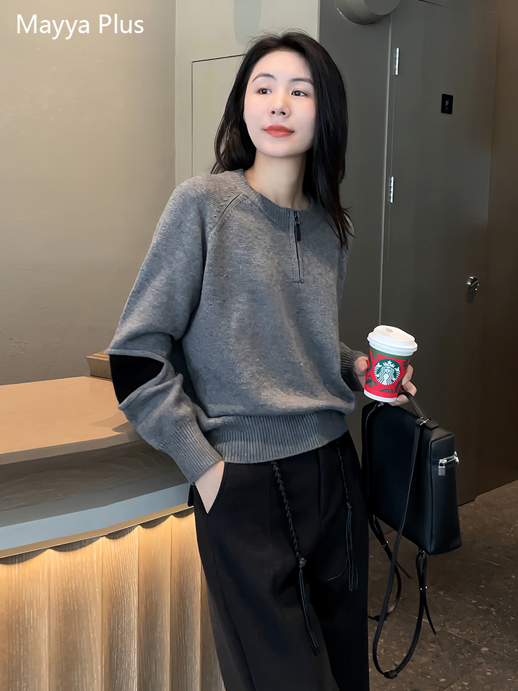 2025新款大码胖mm宽松圆领半拉链针织上衣女秋冬拼接撞色长袖毛衣