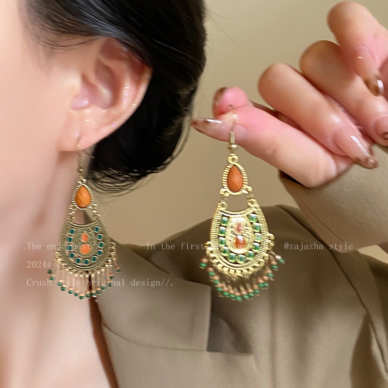 合金亚克力耳饰 波西米亚风撞色流苏耳坠女夏日长款饰品耳环