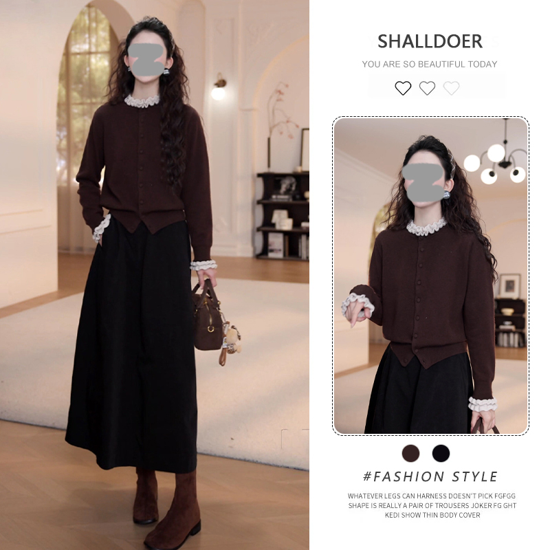 2025秋季新款时尚套装女纯色针织长袖上衣+高腰a字半身裙两件套