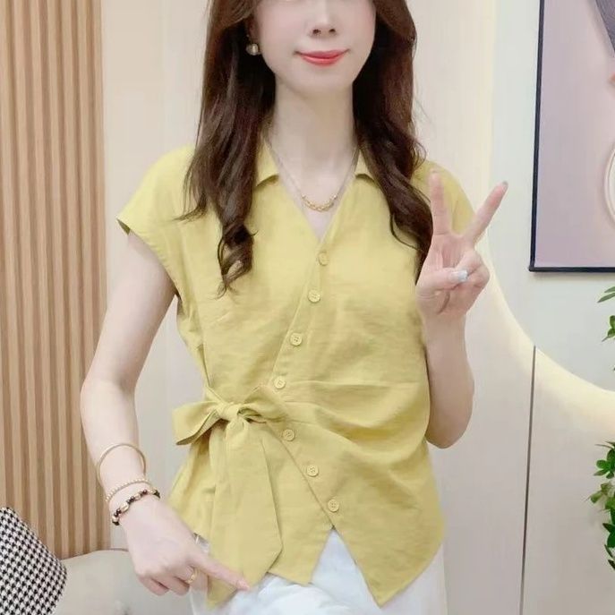 2025气质绑带夏季新款系带收腰衬衫设计显瘦短袖减龄短袖上衣百搭