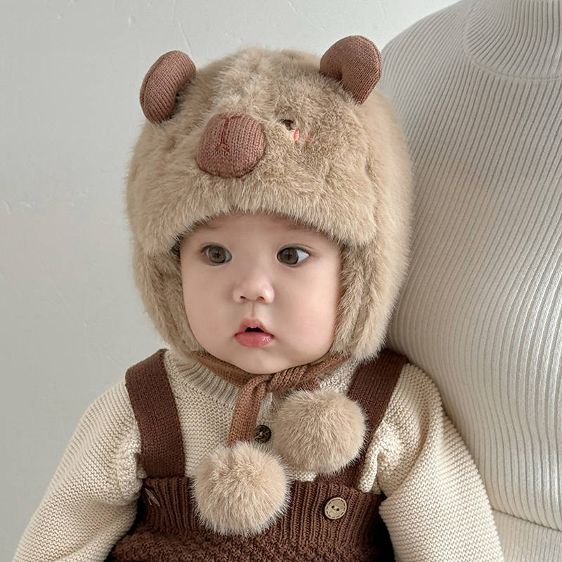 新款卡通婴儿护耳帽冬季加厚加绒宝宝防风帽可爱超萌小幼童风雪帽
