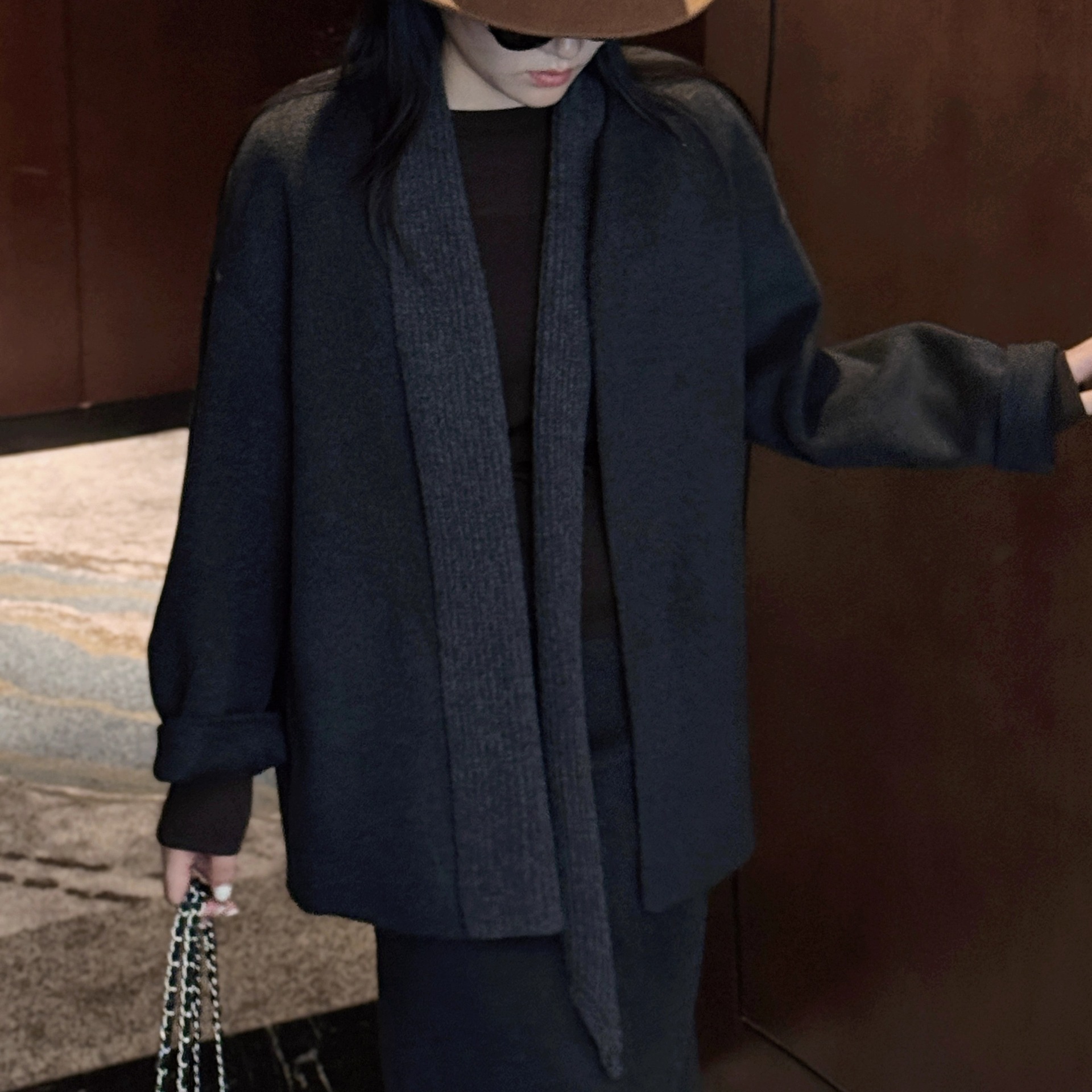 2025秋冬新款宽松欧货双面羊绒大衣女圆领围巾款两件套双面呢外套