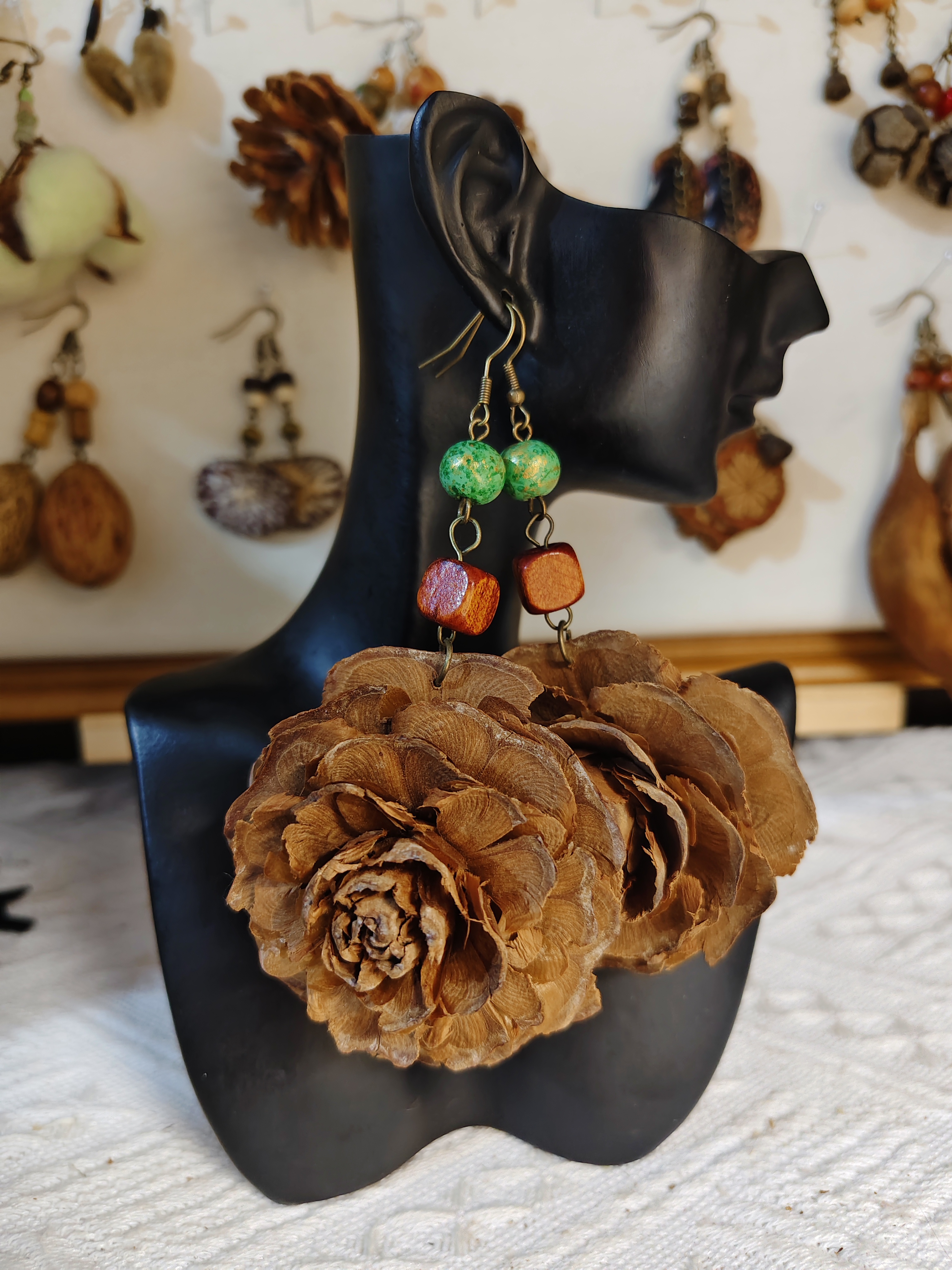 非金属木质耳饰 原创手作夸张个性大耳环拼色百搭长款植物果耳饰