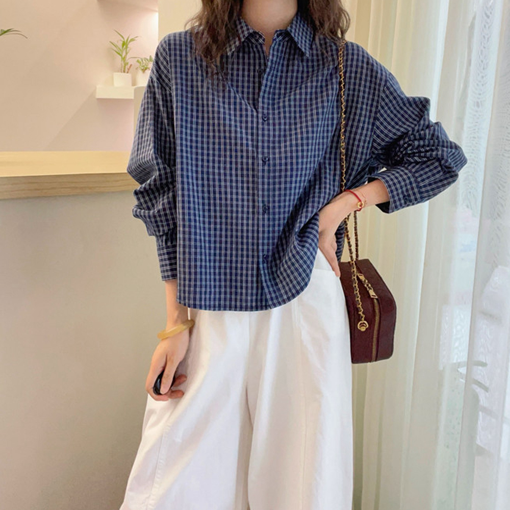 复古法式气质短款长袖格子衬衫女2025早秋新款宽松小个子纯棉上衣