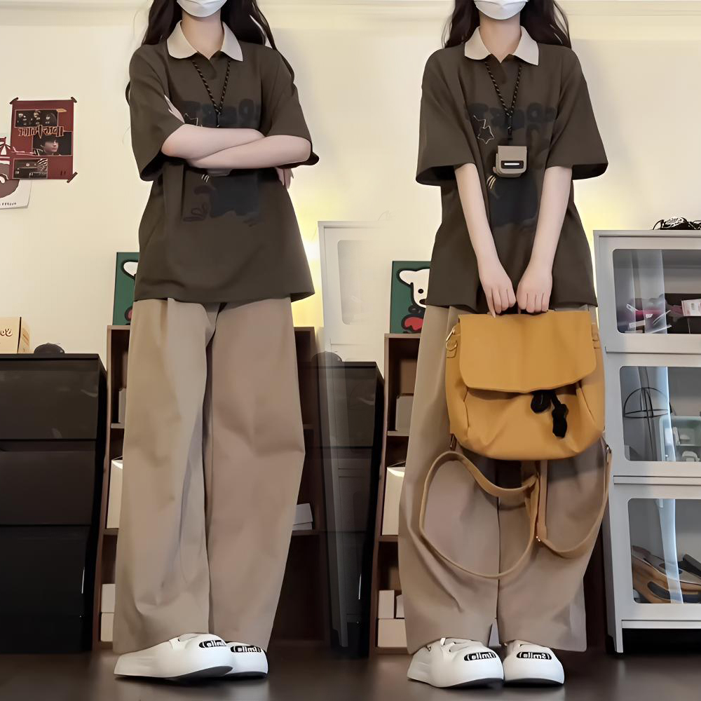 夏季学院风翻领polo衫阔腿裤休闲两件套装女初高中学生穿搭一整套