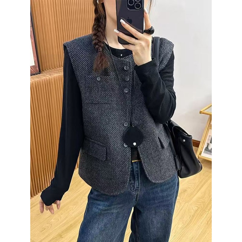 秋冬时尚奥特莱斯高品质夹棉毛呢马甲外套女欧洲站小香风外穿夹