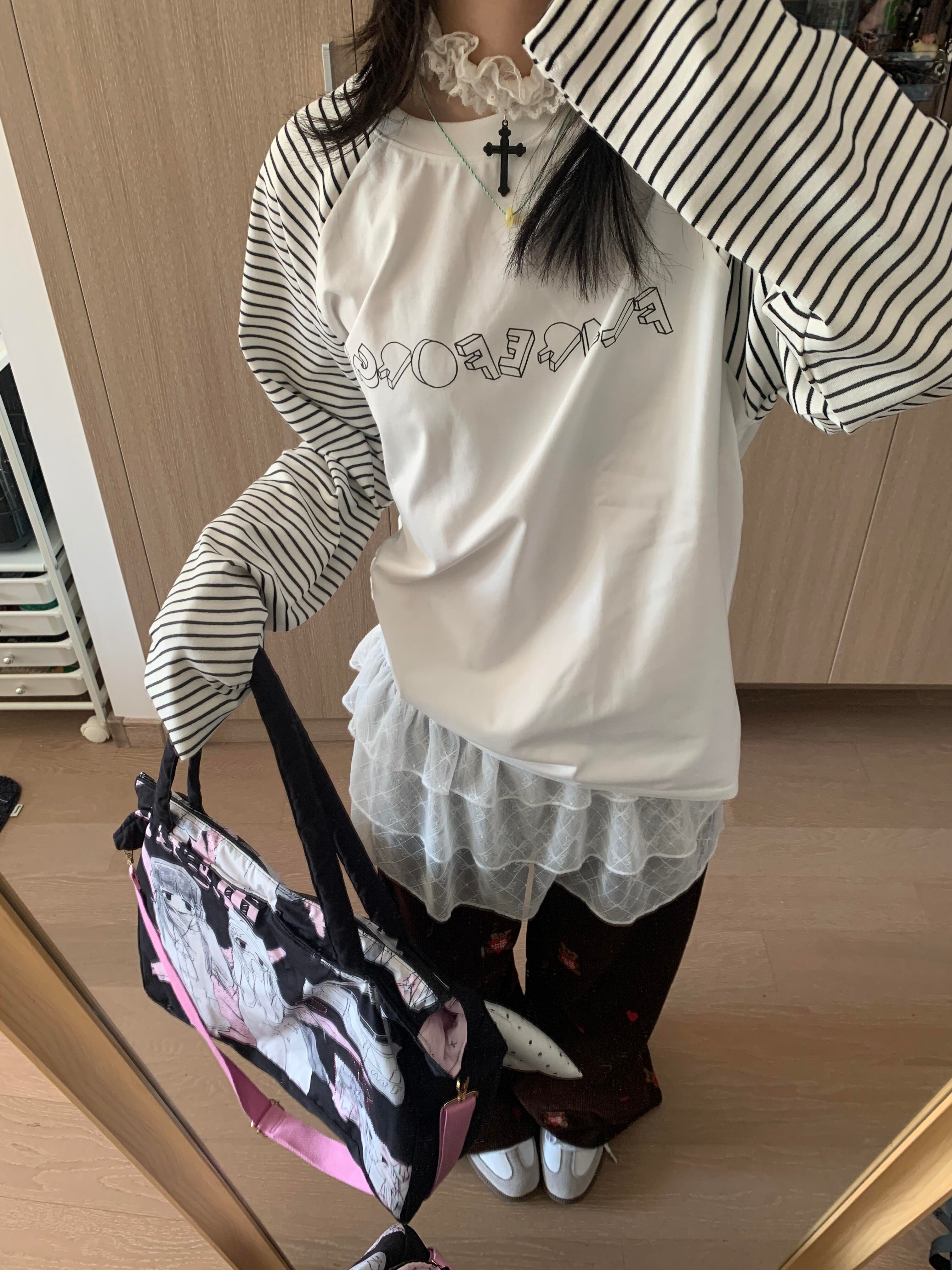 美式复古条纹插肩长袖t恤女2025春秋新款学院风撞色拼接宽松上衣