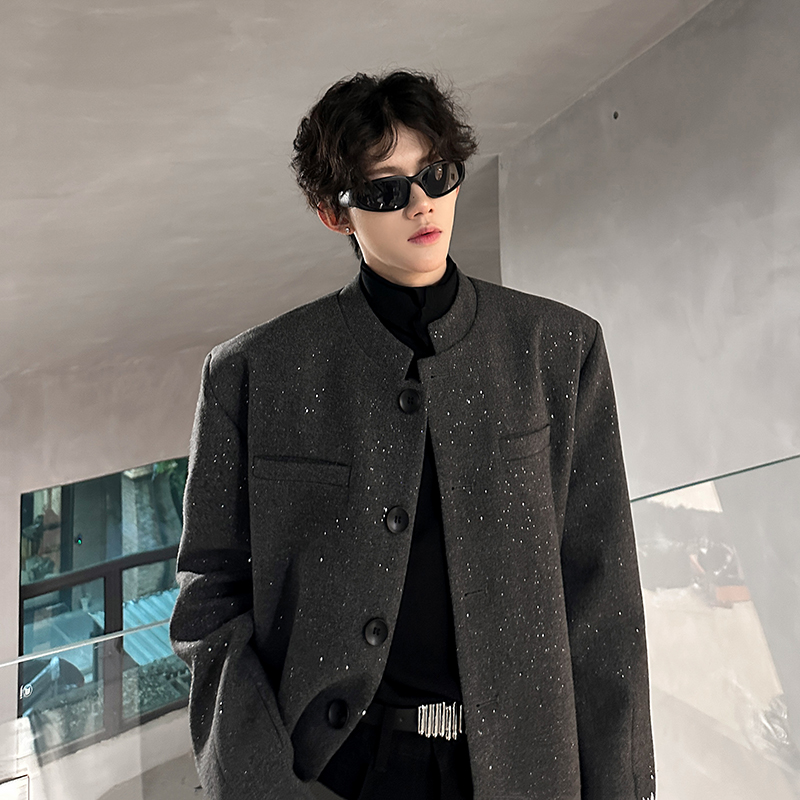 垫肩立领呢料加棉外套男款秋冬季高级感痞帅上衣休闲美式短款夹克