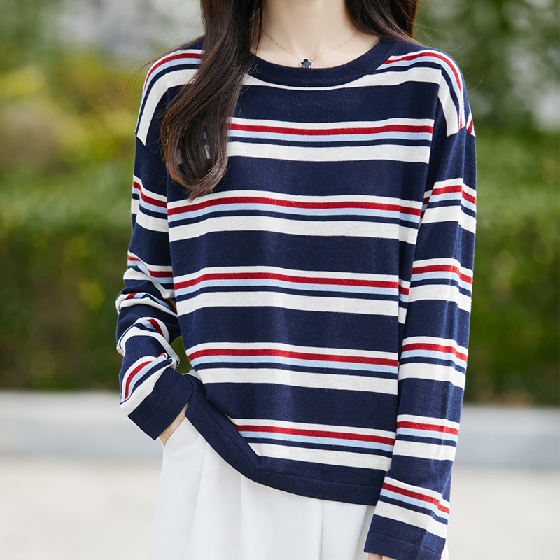 品牌时尚女装三色条纹圆领经典百搭减龄图案套头针织长袖女装