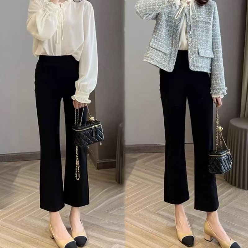 秋季新品气质百搭黑色微喇叭裤女士高腰弹力显瘦小个子九分休闲裤