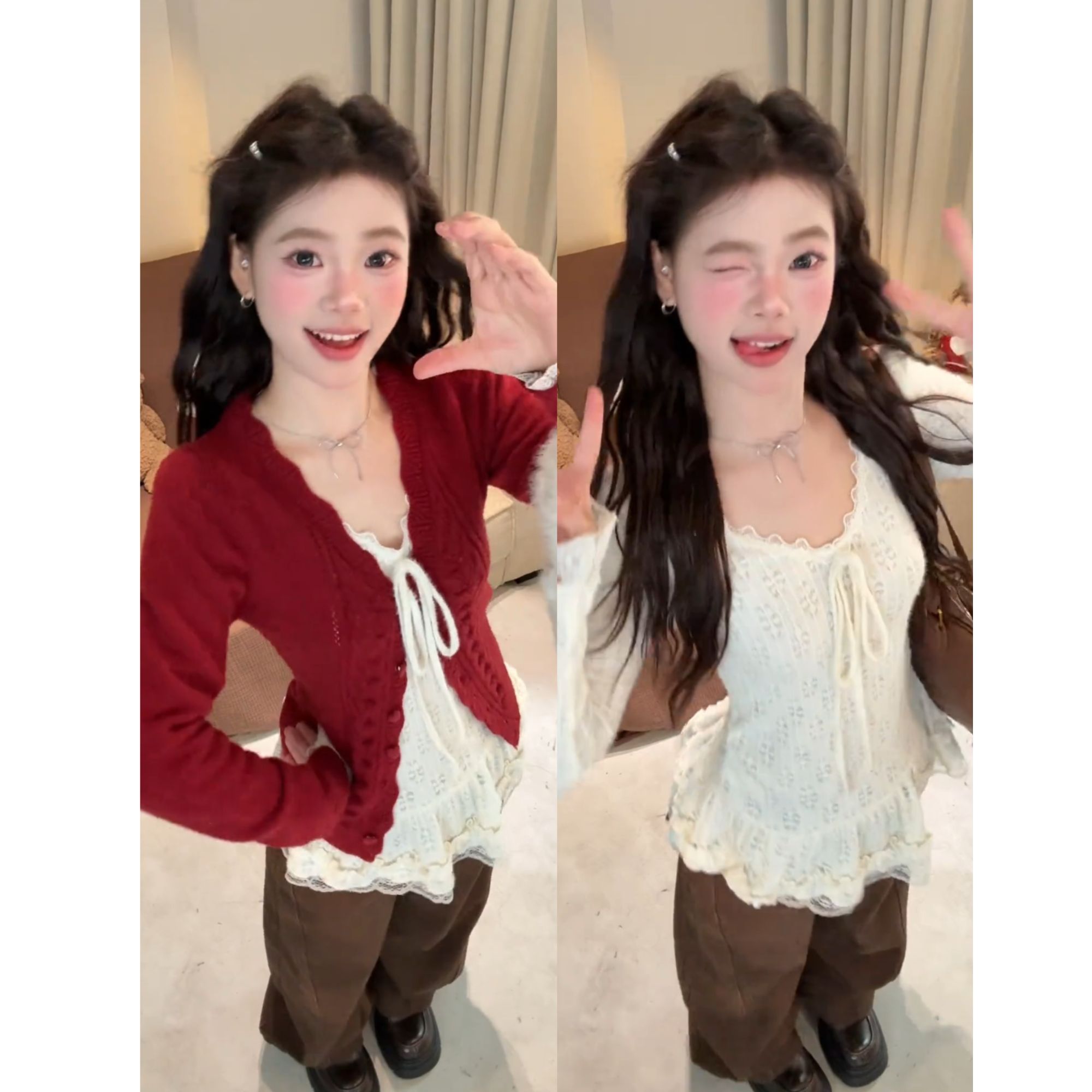 2025秋冬圣诞新年氛围感穿搭甜美减龄超好看上衣开衫阔腿裤三件套