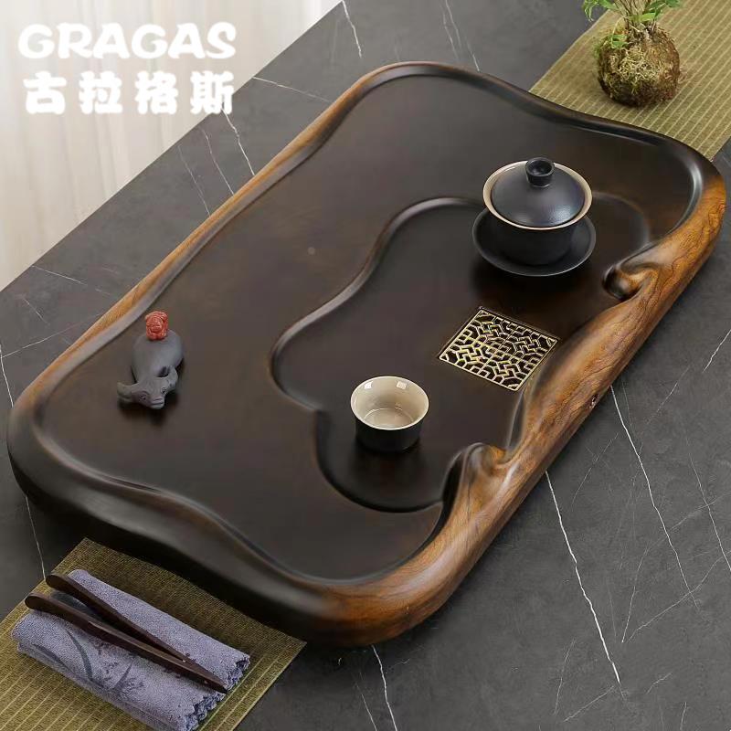 高档整块实木茶盘家用排水式茶海大小号简约单层茶台长方形黑檀木