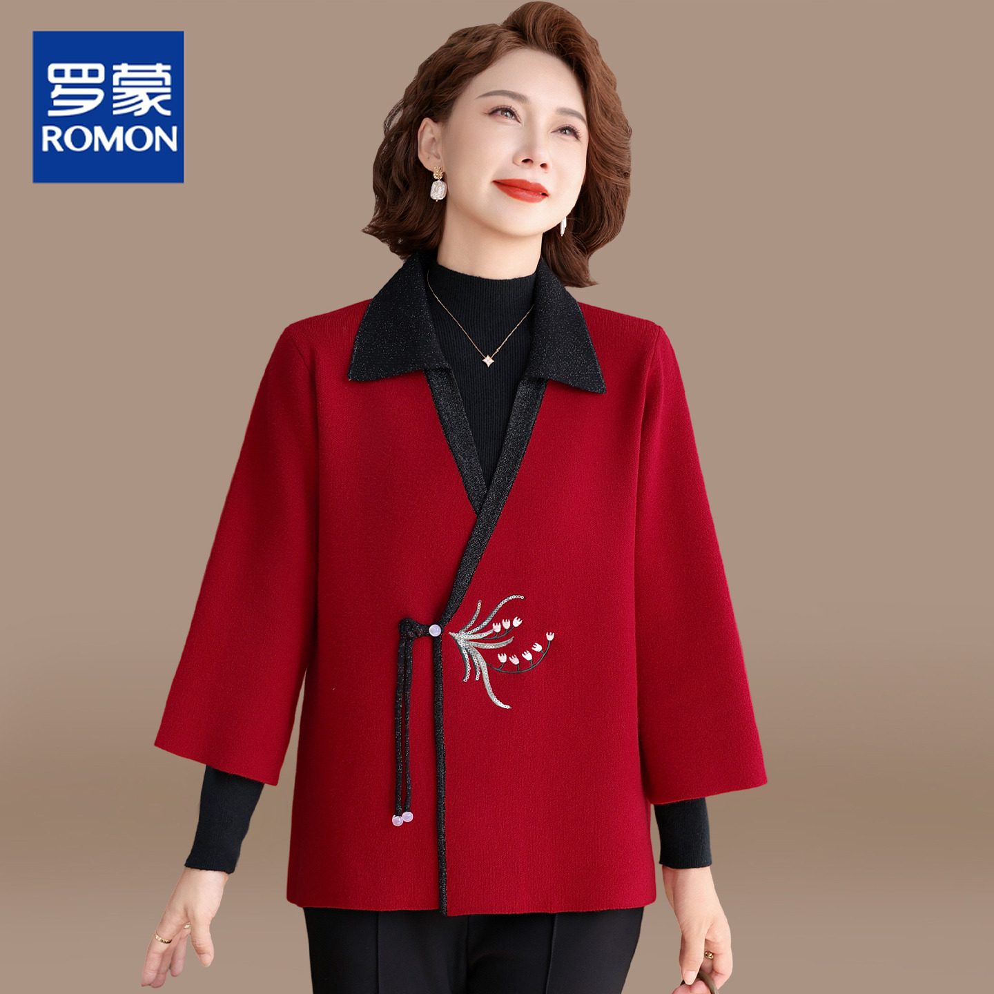 中国风妈妈秋装针织小衫喜婆婆婚宴装中老年女装结婚礼服刺绣外套