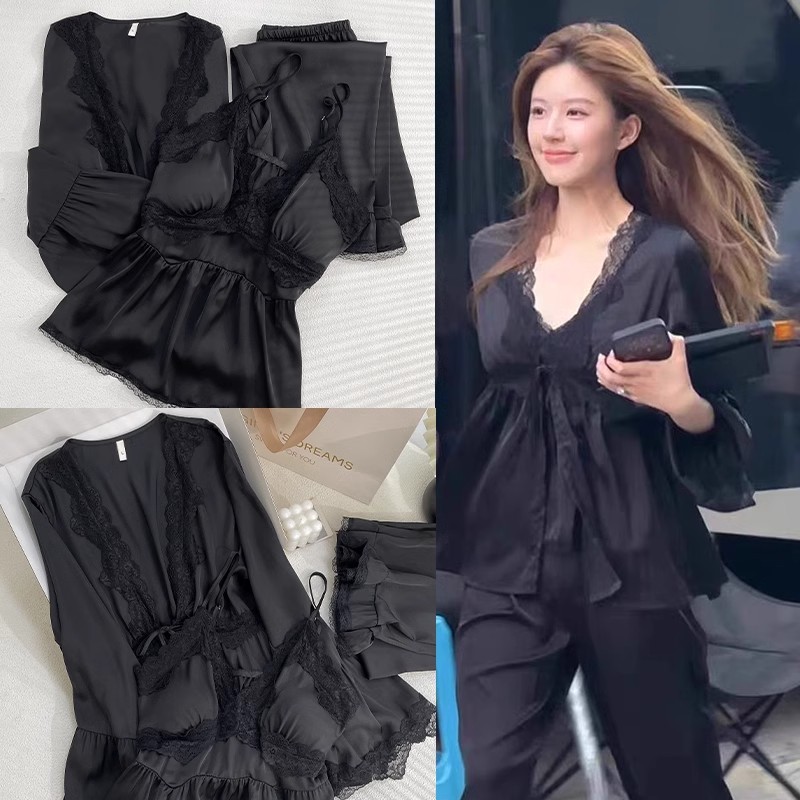 露思同款睡衣女款爆款2025新款性感春秋吊带胸垫冰丝家居服三件套