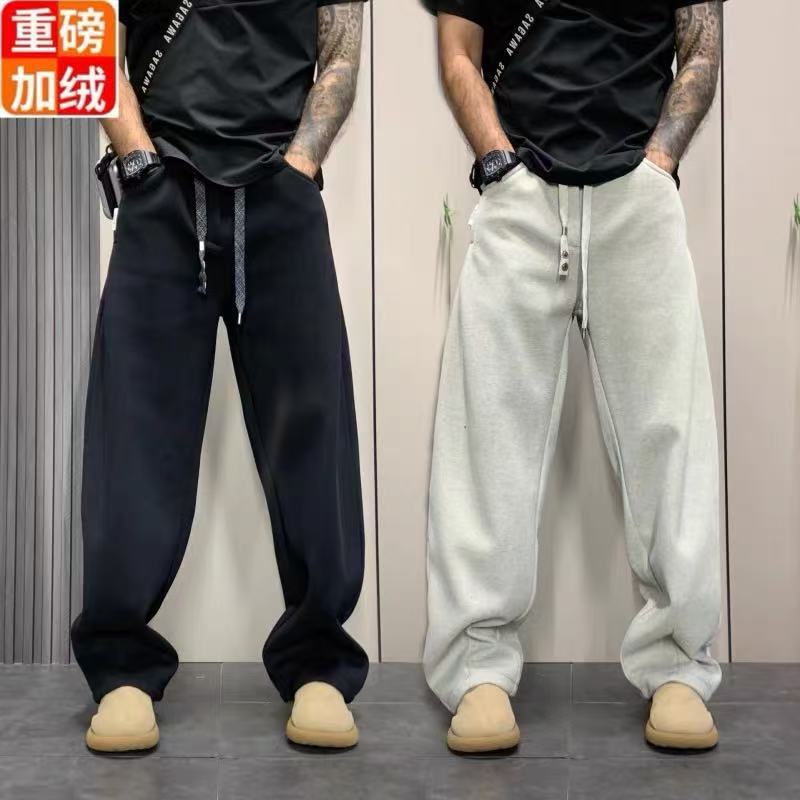 加绒加厚男士卫裤保暖纯色韩版宽松简约设计青年休闲运动裤直筒裤
