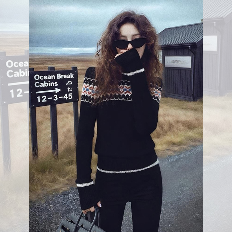 独特漂亮费尔岛小衫内搭上衣设计小众洋气黑色针织打底衫女秋冬季