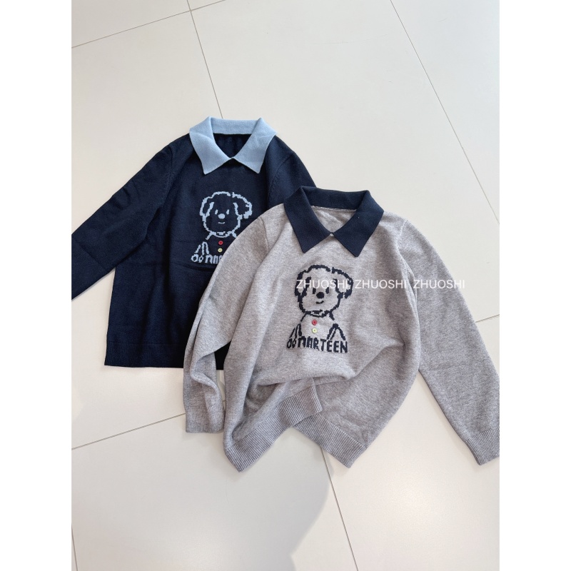 #23569【织趣】韩版雾绒小熊撞领Polo针织衫 时尚百搭减龄显瘦毛衣