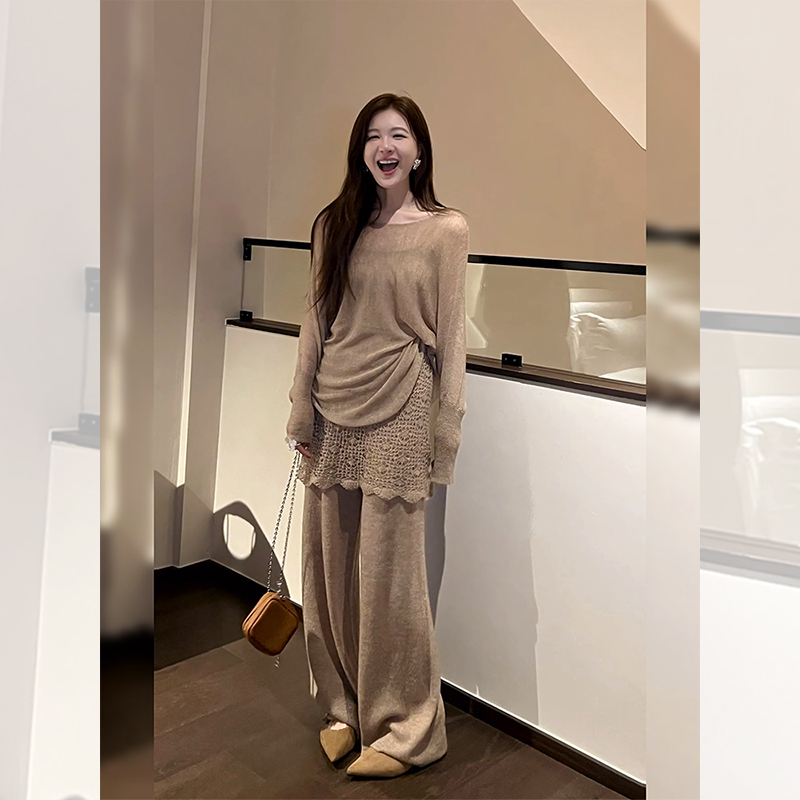 干练职场风总裁气质女装套装小众炸街高级感蕾丝镂空针织衫三件套