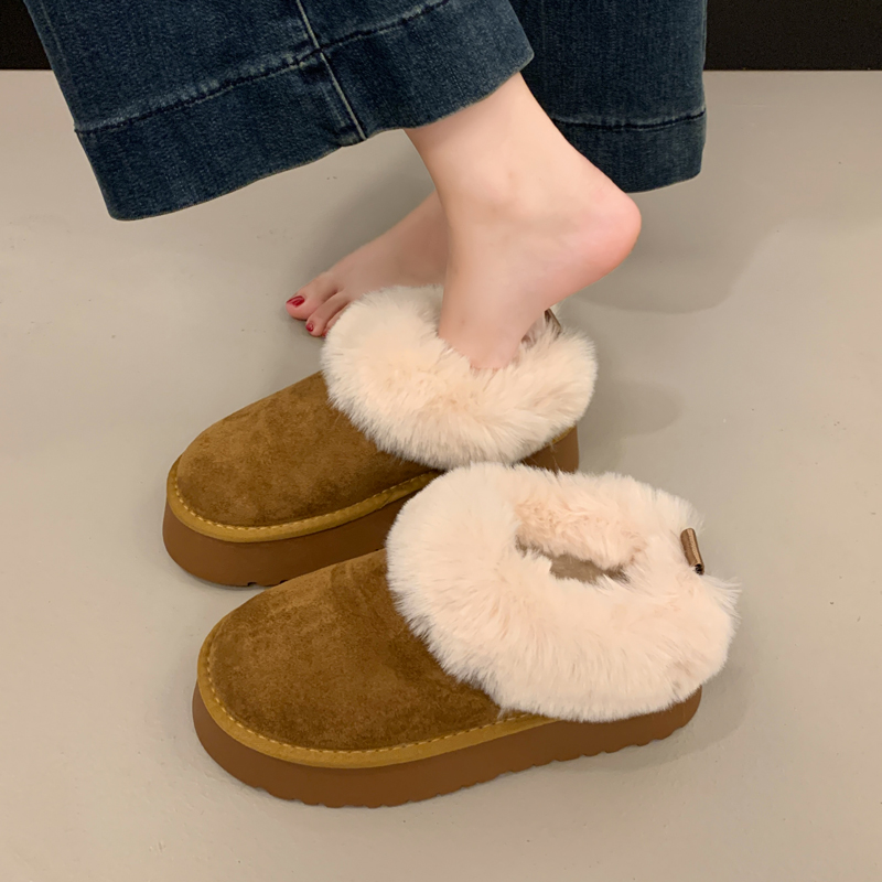 女款低帮一脚蹬雪地靴厚底2025新款冬毛毛鞋加绒加厚保暖面包棉鞋